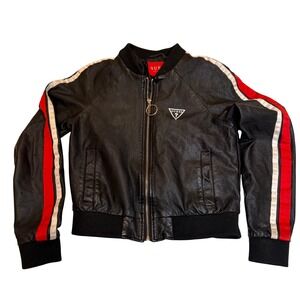 Guess Y2K Sporty Spice Faux Leather Black Bomber Jacket Moto Girl Cropped Sz S